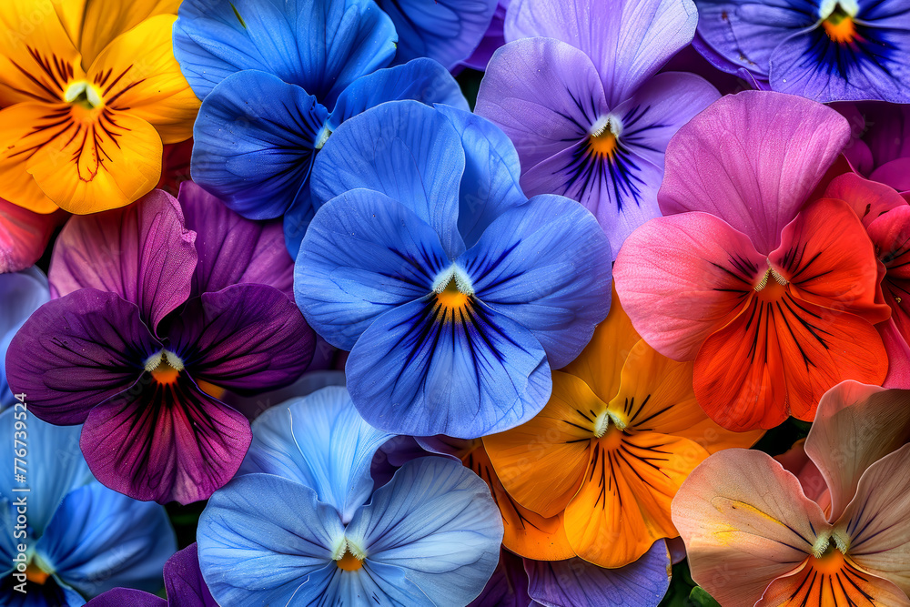 Blue orange pink yellow flowers fresh bloom, spring botanical flora, fresh growth