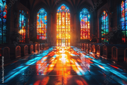 A photo of an old church with its stained glass windows letting in colorful light