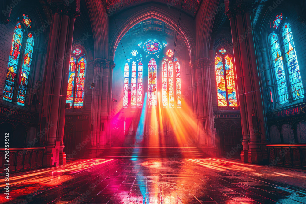 A photo of an old church with its stained glass windows letting in colorful light