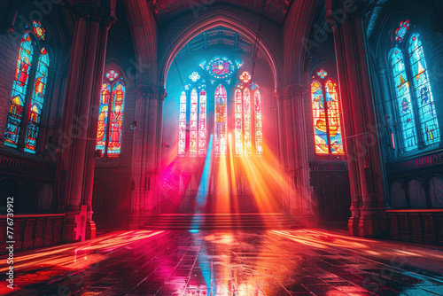 A photo of an old church with its stained glass windows letting in colorful light © Venka
