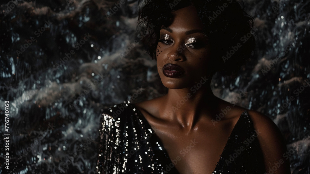 A stunning black woman stands against a background of dark waves her glimmering sequin dress capturing the essence of a carnival. Her bold makeup and fierce expression exude confidence .