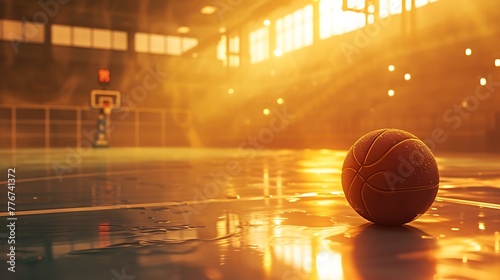  closeup of basketball on the floor in an indoor gym, warm sunlight coming through windows, basketball court is wet from player's running and jumping around