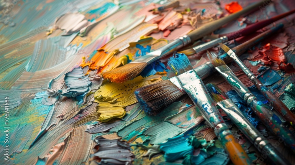Obraz premium This close-up shot showcases a paintbrush with vibrant paint applied to its bristles. The bristles are coated with a thick layer of colorful acrylic paint.