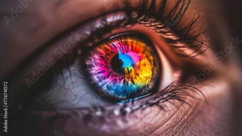 A detailed view of a human eye showcasing a vibrant rainbow-colored iris in close-up. The intricate patterns and colors of the iris are perfectly visible, making for a striking and unique visual.