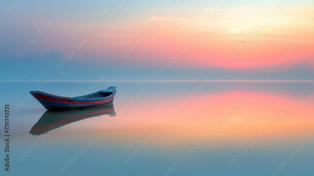 A small boat peacefully drifts on the calm surface of a body of water. The boat appears to be floating effortlessly, creating a simple yet visually appealing scene.