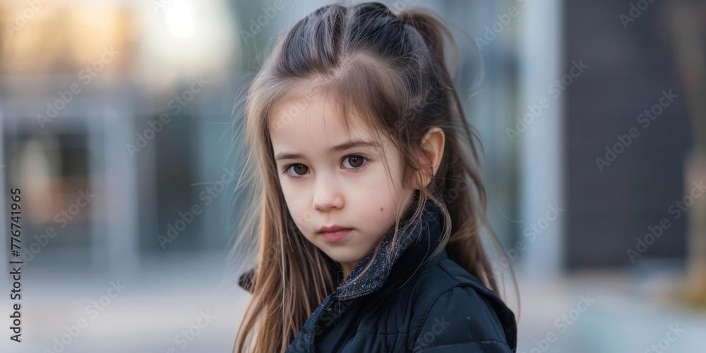 A young girl with a ponytail stands in front of a building, looking curious and observant. She is alone, wearing casual clothes and seems to be exploring her surroundings. A young girl with a ponytail stands in front of a building, looking curious and observant. She is alone, wearing casual clothes and seems to be exploring her surroundings.