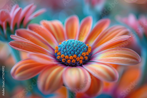 A photo of a close-up of a colorful flower with its petals blurred by motion