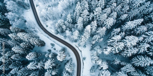 A road twists and turns through a dense forest blanketed in snow, creating a picturesque winter scene.  © tashechka