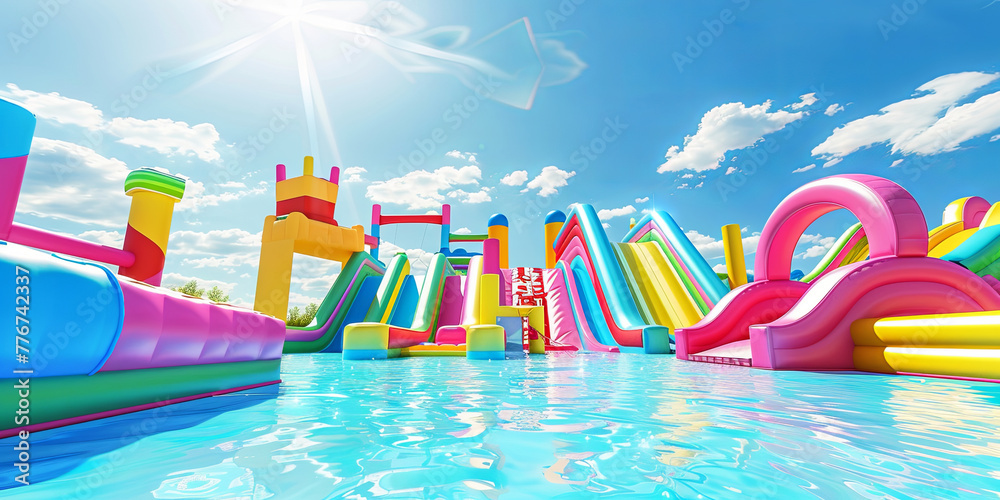 Inflatable water park with colorful slides and bouncy castle on blue sky background, generative AI
