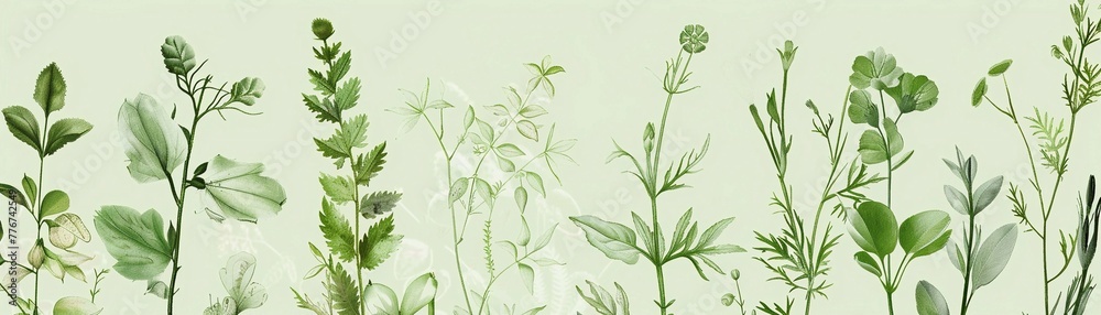 Botanical Illustrations, green background featuring illustrations of various plants flowers and botanical elements