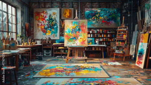 Art studio with an artist surrounded by canvases, paint, and creative tools.generative ai