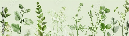 Botanical Illustrations, green background featuring illustrations of various plants flowers and botanical elements