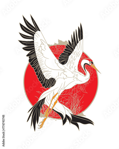 crane illustration design for sukajan is mean japan traditional cloth or t-shirt with digital hand drawn Embroidery Men T-shirts Summer Casual Short Sleeve Hip Hop T Shirt Streetwear