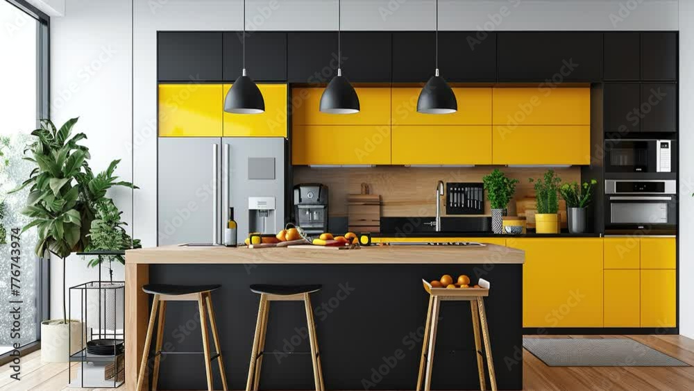 Modern kitchen interior. 3d rendering of yellow and black kitchen