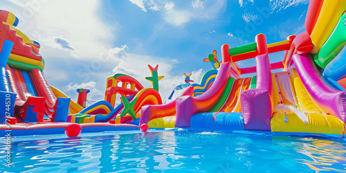 Inflatable water park with colorful slides and bouncy castle on blue sky background, generative AI