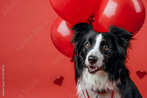 Adorable border collie dog with heart shape balloon, isolated. Love and romance, valentine's day concept. High quality photo. © ELmidoi-AI