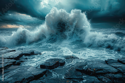 A creative and artistic photo of a crashing wave on a rocky shore