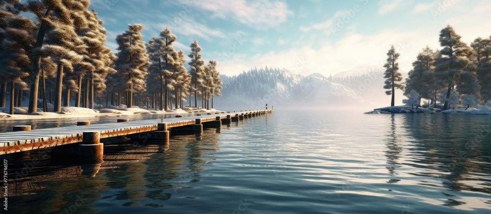 Obraz premium Sunny morning on the Lake with cypress trees and icy rock hills and wooden docks, blue light, green