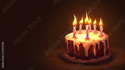  A colorful birthday cake with candles on beautiful background