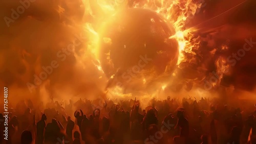 judgement day , end of the world , crowd standing , fire