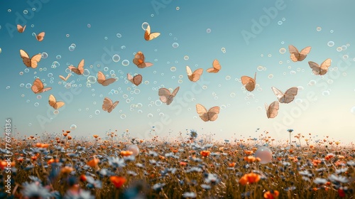 Dreamy landscape of a colorful flower field with butterflies in the shape of hearts fluttering under a soft sunset sky