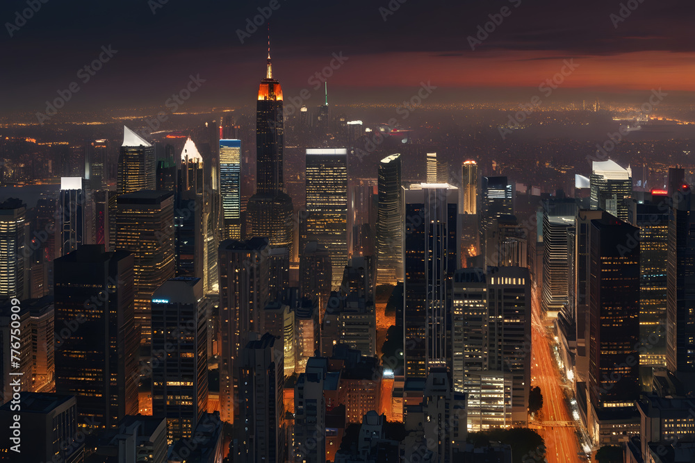 Naklejka premium Panoramic View of Bustling City Skyline at Twilight