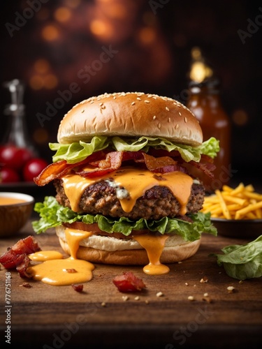 Cheeseburger with bacon and lettuce on a wooden table. The burger toasted bun with sesame seeds