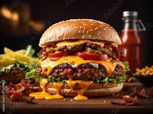 Cheeseburger with bacon and lettuce on a wooden table. The burger toasted bun with sesame seeds