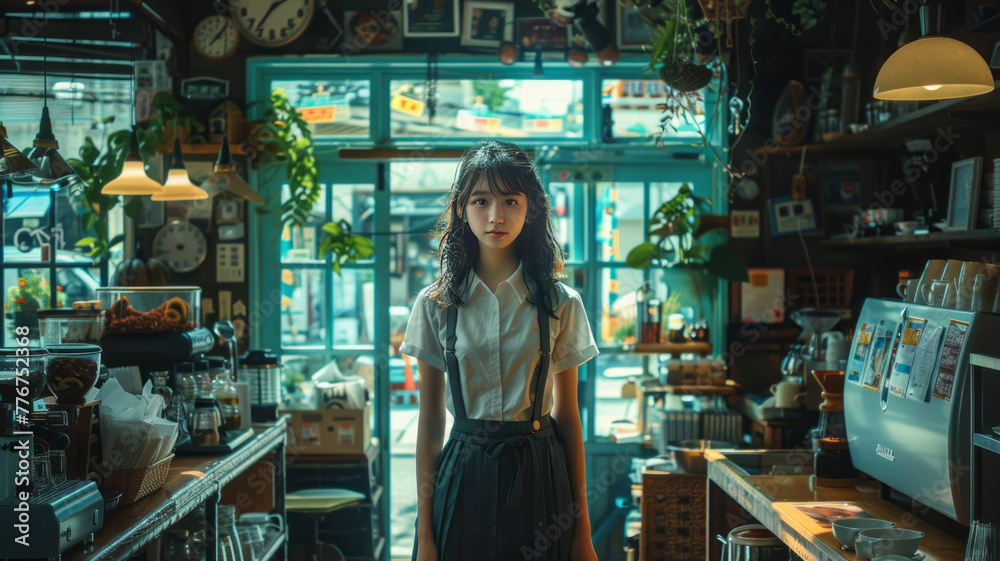 A beautiful young woman with a cafe with a pleasant atmosphere.generative ai A beautiful young woman with a cafe with a pleasant atmosphere.generative ai