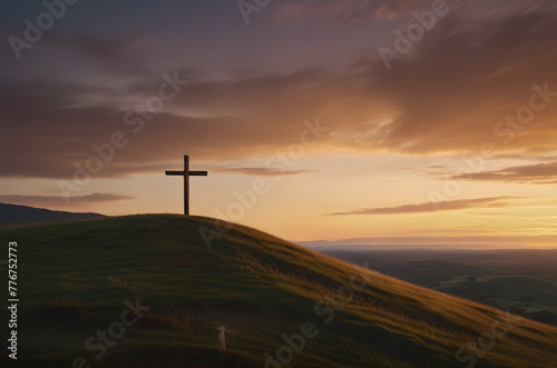 Wooden Cross on Serene Hill at Sunset