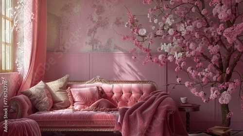 pink spring home aesthetics, baroque inspired, ultra-realistic, all things pink, highly detailed, Generated AI.