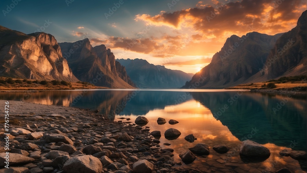 A sunset over a lake in the mountains.


