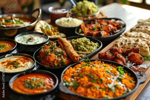 Showcase of Indian food with a diverse array of flavorful dishes, Display of diverse and flavorful Indian cuisine.