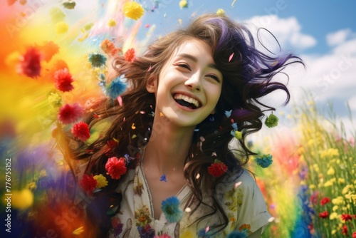 A model posing on a colorful rainbow, rainbow smoke, rainbow cloud background, a play of light and shadow. Generative AI.