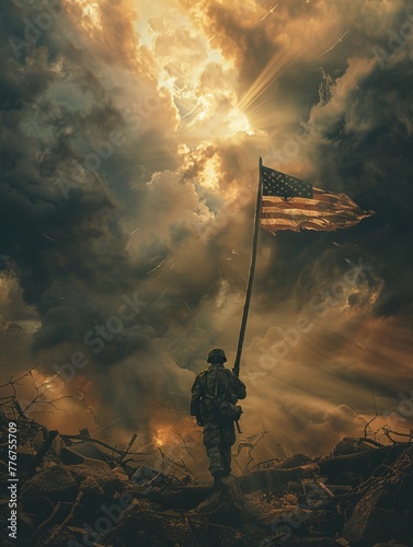 soldier - warror holding US Flag during battle photo