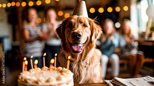 Golden retriever wearing a party hat in front of a birthday cake with lit candles, surrounded by celebrating people in the background.