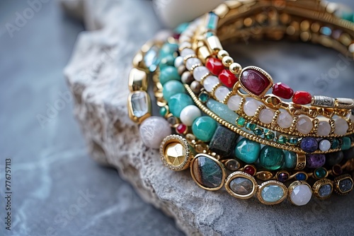 Stylish layered bracelets with a mix of gold and gemstones, Fashionable stacked bracelets featuring a blend of gold and gemstone accents.