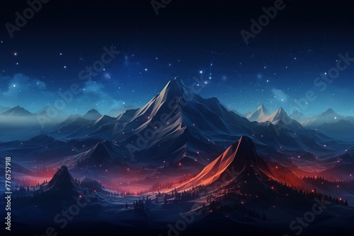 Surreal Mountains under a Celestial Network Sky. 