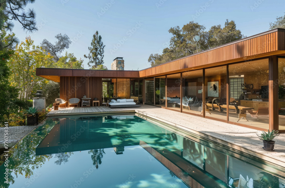 A midcentury modern style pool house with large windows and sliding doors, surrounded by an outdoor seating area with chairs, a table, and plants. 