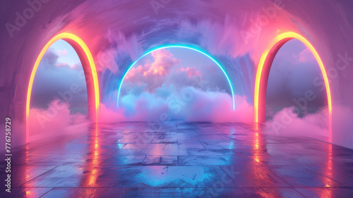 rainbow pastel 3d arch in the clouds  surreal room with rainbow colored floor and sky generative ai