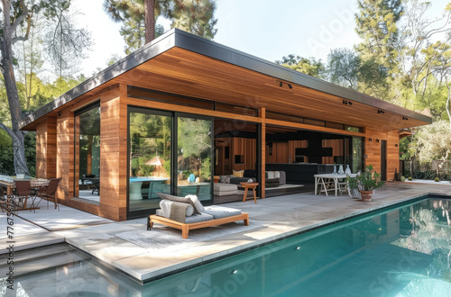 A midcentury modern style pool house with large windows and sliding doors, surrounded by an outdoor seating area with chairs, a table, and plants.  © Kien