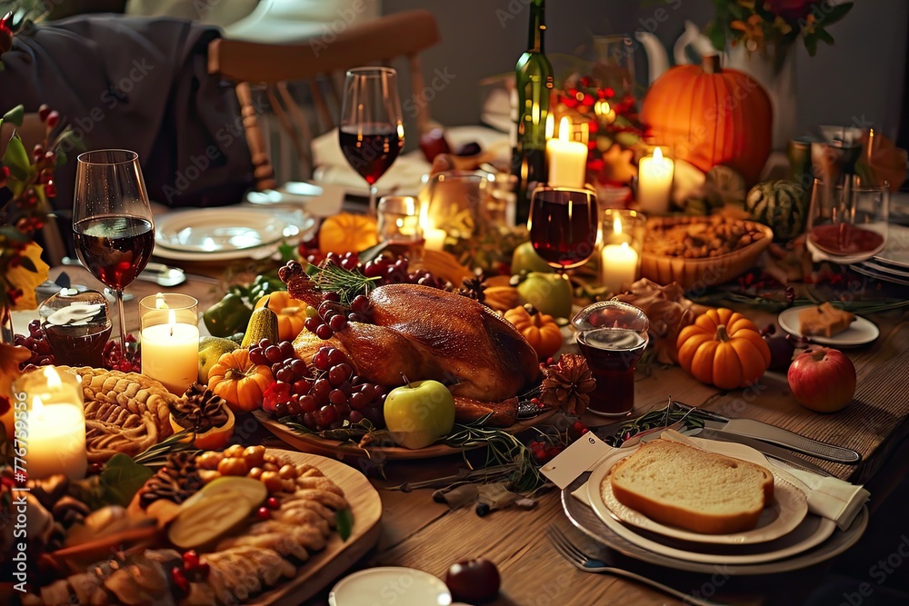 Thanksgiving atmosphere featuring a beautifully set table and delicious feast, Inviting Thanksgiving ambiance with an elegantly set table and delectable feast.