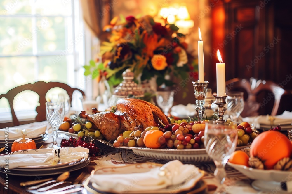Thanksgiving atmosphere with a well-set table and a delicious feast, Festive Thanksgiving setting with a beautifully arranged table and mouthwatering feast.