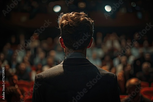 Backview of a Stylish Young Businessman in a Dark Crowded Auditorium
