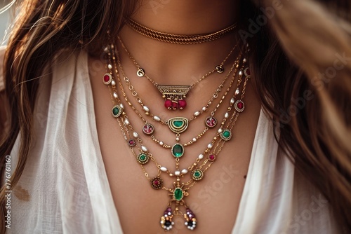 Trendy layered necklace showcasing gold and gemstone pendants, Fashion-forward layered necklace featuring a combination of gold and gemstone pendants.