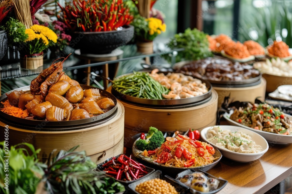Vibrant Asian food spread with a focus on street food and traditional favorites, Colorful Asian food display featuring a variety of street food and beloved traditional dishes.