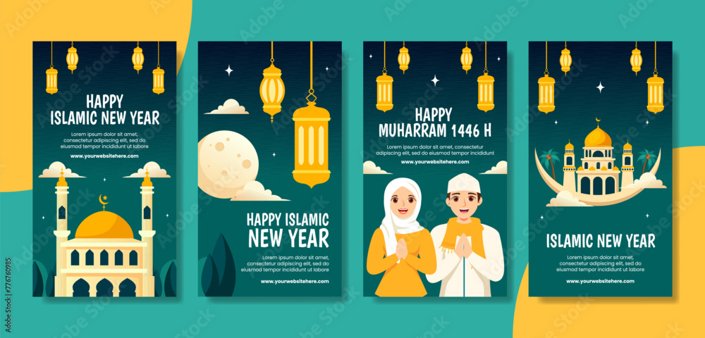 Fototapeta premium Islamic New Year Social Media Stories Flat Cartoon Hand Drawn Templates Background Illustration