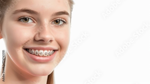 braces on teeth Beautiful red lips and white teeth with metal braces. A girl's smile.