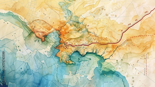 Vibrant watercolor map of Pauls missionary journeys with routes marked in dynamic photo