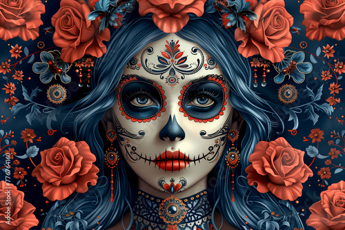 Mexican girl with makeup in the style of a sugar skull  on a background of red roses. Traditional style for Mexican holidays